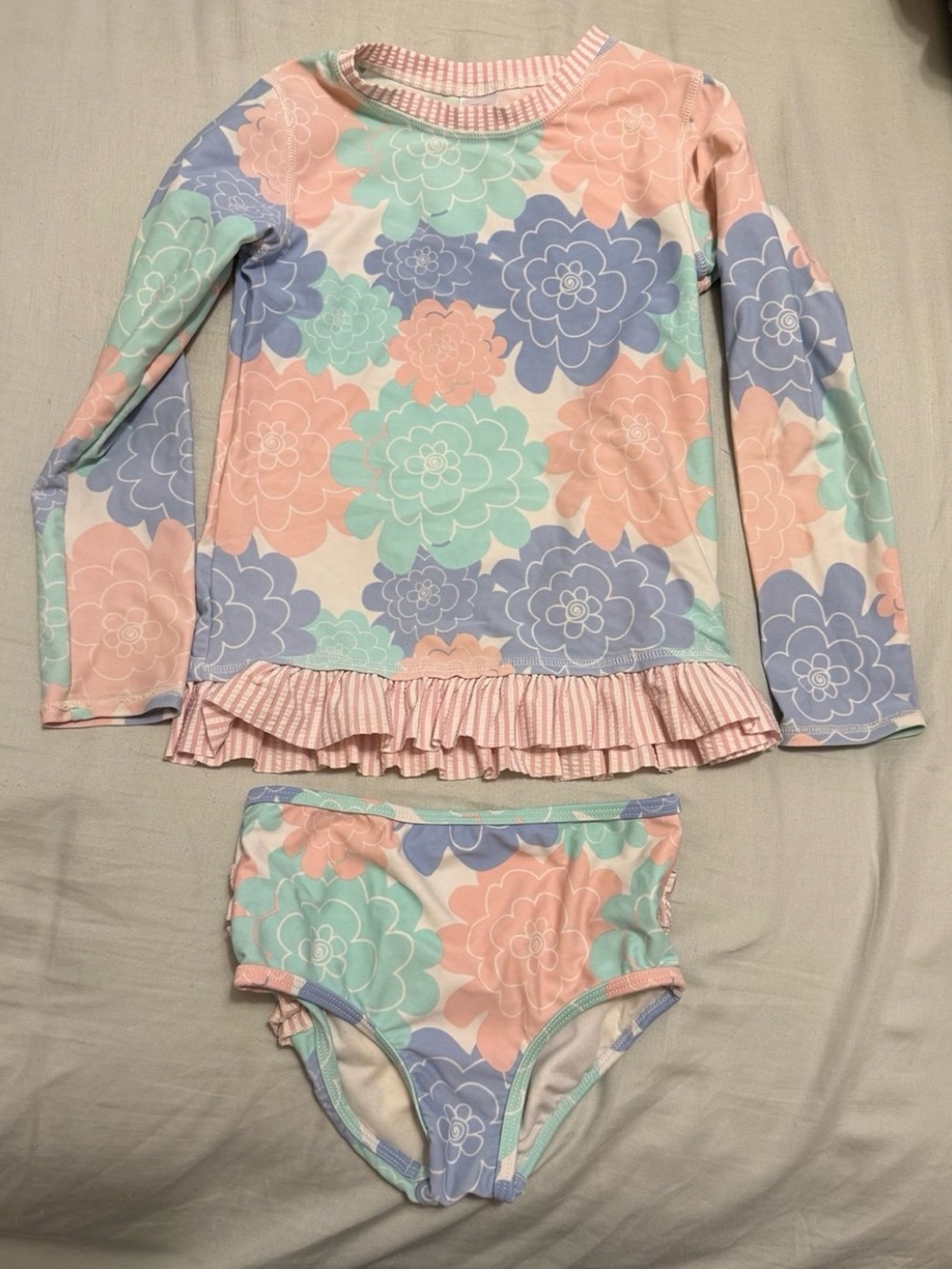 Ruffle Butts Girls Pastel Floral & Seersucker Rash-guard Swimsuit Set